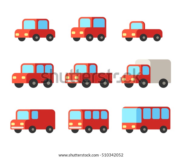 Set of cartoon cars, different types and\
shapes. Flat isolated\
illustration.
