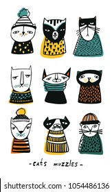 Set with cartoon cats muzzles, Hand drawn doodle kitty collection on white background. Colorful illustration.