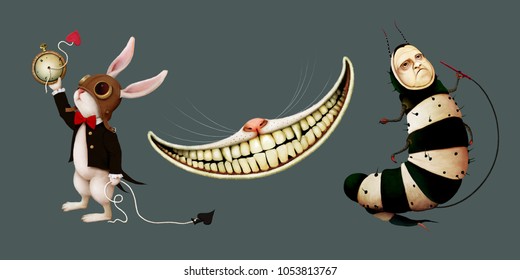 Set of cartoon character in  story Wonderland with rabbit,  caterpillar and  Cheshire cat 