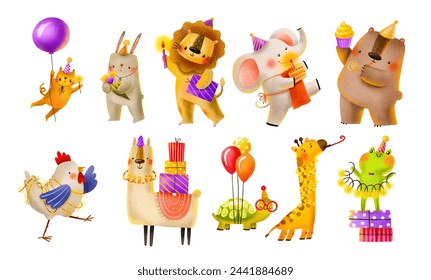 Set of cartoon divots for children's birthday. Cheerful animals celebrate the holiday. Celebration. Cute hand drawn illustration on isolated background.
 - Powered by Shutterstock