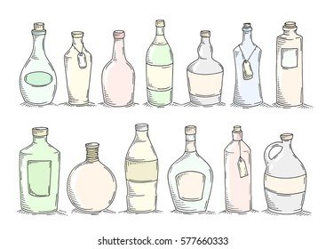 Set cartoon doodle bottles  Sketch glass bottles for food design  menu  Decorative illustration isolated white  All bottles are grouped for easy editing 