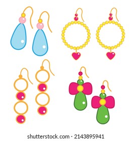 Set Of Cartoon Earrings Accessories For Children And Kids, Princess Beautiful Jewelry  Clip Art.