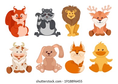 Set Of Cartoon Fox Animals Isolated On White Background. Including Fox, Raccoon, Lion, Deer, Calf, Hare, Squirrel And Duck