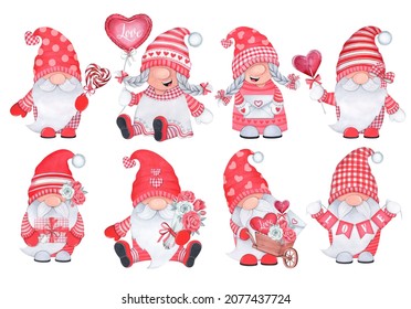 Set of cartoon gnomes for Valentine's Day on a white background. Balloons, heart, flowers, sweets, gift. Watercolor illustration.