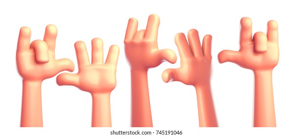 Set Cartoon Hands At A Party On A White Background. 3d Render