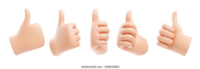 Set Of Cartoon Human Hands Thumb Up For Success Or Good Feedback, Positive Concept And Like Symbol Isolated Over White Background. 3d Render Illustration.