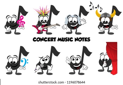 A set of cartoon music note characters that you would find at a concert or recital. A punk rocker, a classical composer Bach, a viking opera singer, microphone, singing, one telling people to be quiet