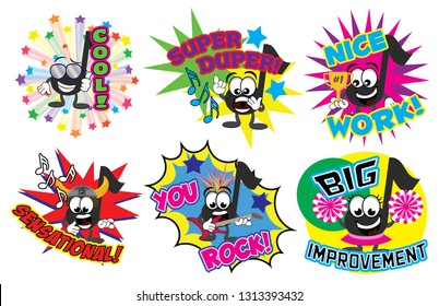 A Set Of Cartoon Music Note Characters With Explosions In The Background Saying Encouraging Words For Students.  Cool.  Super Duper. Nice Work. Sensational. You Rock. Big Improvement.
