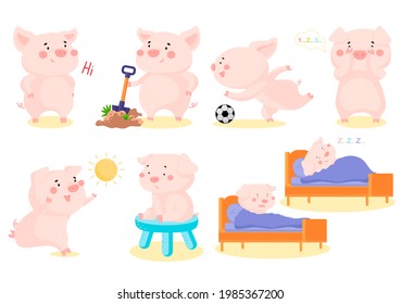 Set of cartoon pigs. Cute pigs in different poses and with objects. 8 cool pink pigs.