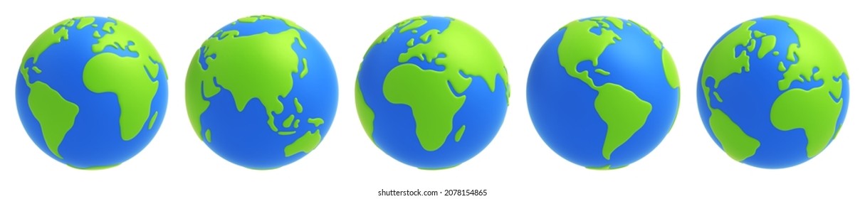 Set of cartoon planet Earth in different views on white background. Earth globe 3d icon set. 3d rendering