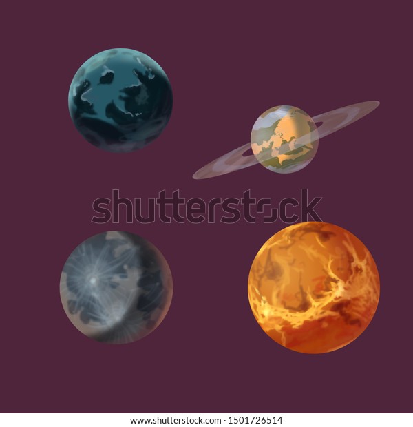 Set of cartoon planets on a dark\
background, planet, space, galaxy, set,\
universe