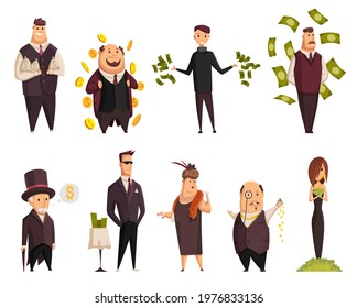 Set Of  Cartoon Rich People. Happy Super Rich Successful Businessmans And Businesswoman. Very Rich Peoples Bathing In His Money