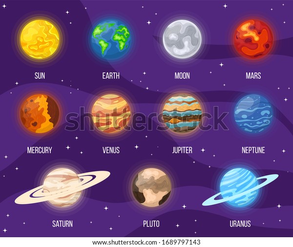 Set of cartoon solar system planets in space.
Colorful universe with sun, moon, earth, stars and system planets.
illustration for any
design.