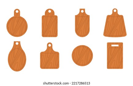 Set Cartoon Wooden Pizza Board. Restaurant Empty Utensil For Food And Chop Board For Kitchen Icon Isolated White. Handles Plank Tray For Cutting And Cooking. Textured Hardboard Illustration