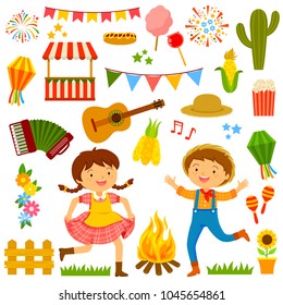 Set Of Cartoons For Festa Junina With Dancing Kids And Related Items.