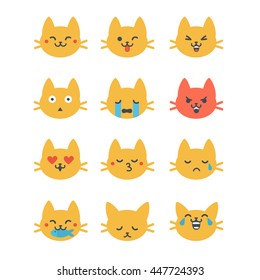 Set Of Cat Emoticons In Line Style. Cute Cat Emoji In Cartoon Style. Flat Emoji Isolated On White Background. 