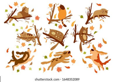 Set of cats and dogs. Cartoon style. Cats sleep on tree branches, dogs bark at cats, play, jump in the park. Brown - yellow color. 