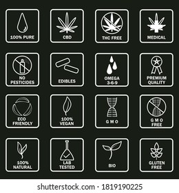 Set Of CBD Oil Icons. New Popular Icon Set. THC Free, No Gmo, Bio, Vegan, Premium Quality, Lab Tested, Omega 3-6-9, Pure, Natural, No Pesticides, Organic, Eco, Gluten Free.