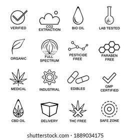 Set Of CBD Oil Icons. New Safe Zone Popular Icon Set. THC Free, Bio, Premium Quality, Lab Tested, Pure, Natural, No Pesticides, Organic, Eco. Simple Art Illustration Design.