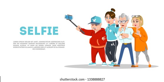 Set of cheerful senior people hipsters gathering and having fun. Group of senior people taking selfie photo with stick. Grandfathers and grandmothers. Pensioners at retirement on white background. - Powered by Shutterstock