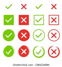 Set Of Chek Marks. Green Tick And Red Cross. YES Or NO Accept And Decline Symbol. Buttons For Vote, Election Choice. Empty, Square Frame, Circle And Brush. Check Mark OK And X Icons.