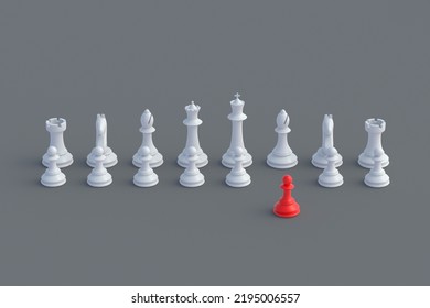 Set Of Chess Figures And One Red Pawn On Gray Background. Table Games. International Tournament. Hobby And Leisure. 3d Render