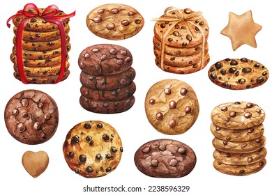 Set Chocolate chip cookie. biscuit on a white background, sweet watercolor set of elements, hand drawing painting - Powered by Shutterstock