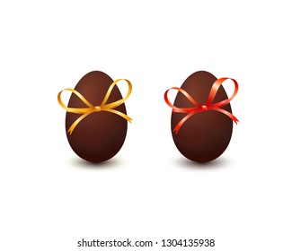 Set of chocolate easter eggs with bow knot and ribbon isolated on white background