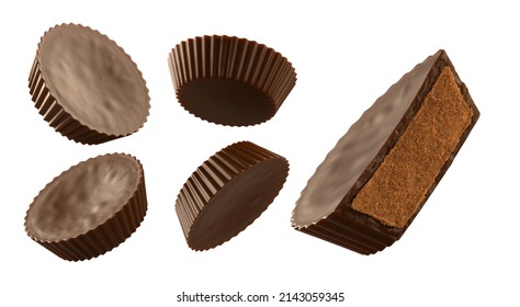 Set Of Chocolate Peanut Butter Cups. Isolated On Background. 3d Illustration