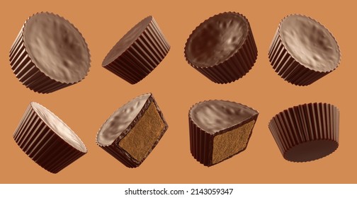 Set Of Chocolate Peanut Butter Cups. Isolated On Background. 3d Illustration