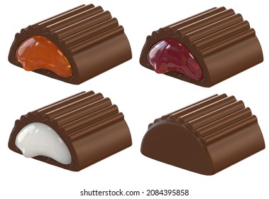 Set of Chocolate pieces with  filling. Isolated on white background. Clipping path. Design element. 3d illustration.