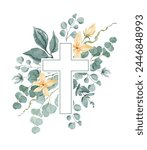 Set of Christian crosses with green leaves and yellow flowers. Watercolor illustration for Easter, Baptism, Christening, invitations, cards, packaging.