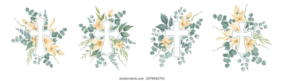 Set of Christian crosses with green leaves and yellow flowers. Watercolor illustration for Easter, Baptism, Christening, invitations, cards, packaging. - Powered by Shutterstock