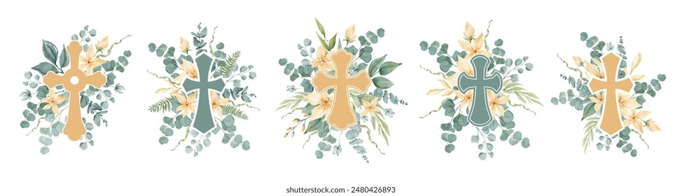 Set of Christian crosses with green leaves and yellow flowers. Watercolor illustration for Easter, Baptism, Christening, invitations, cards, packaging. - Powered by Shutterstock