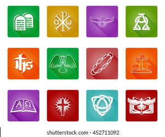 A Set Of Christian Religious Icons And Symbols With Alpha Omega, Chi Rho And Bible