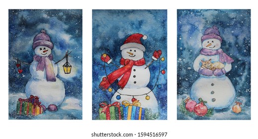 Set Christmas Cards Snowmen Watercolor Drawing Stock Illustration ...