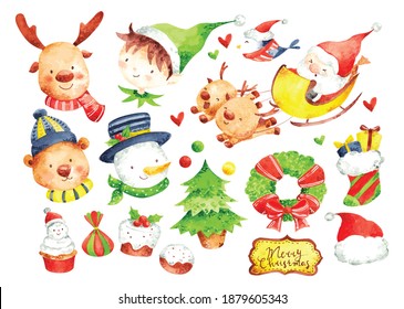 Set Of Christmas Cartoon Character In Water Color Illustration