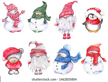 Set Christmas cartoon characters  wearing knitted hats  scarves   mittens  Cute snowmen  teddy bear  penguin   scandinavian dwarf  Watercolor isolated white background  
