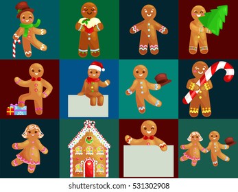 Set Christmas Cookies Gingerbread Man Decorated With Icing Dancing And Having Fun In Hat The Tree Gifts, Xmas Sweet Food Illustration