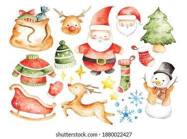 Set Of Christmas Decoration In Water Color Style Illustration