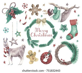 Set Of Christmas Decorations And Cute Cute Animals Wearing Winter Clothes. Isolated Watercolor Illustrations On White Background.