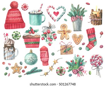 Set of Christmas decorations. Watercolor elements on a white background.