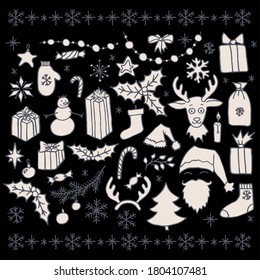 Set Of Christmas Hand Drawn Doodle Elements Isolated Over Black. Santa, Tree, Reindeer, Snowman, Snowflakes, Gifts, Decorations, Holly, Candle, Stars.