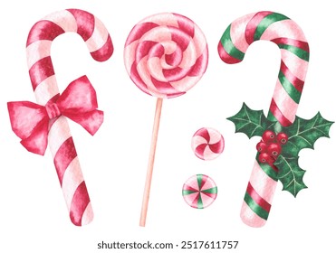 Set of Christmas hand-drawn watercolor illustrations. Christmas candy canes, lollipops and sweets decorated with bows and a sprig of holly. Perfect for a cozy holiday decoration. - Powered by Shutterstock