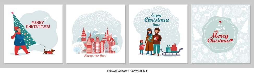 Set of Christmas and Happy New Year illustrations. Merry Christmas Corporate Holiday cards and invitations for web, social media, print. Trendy retro style. Winter holiday card with lettering.