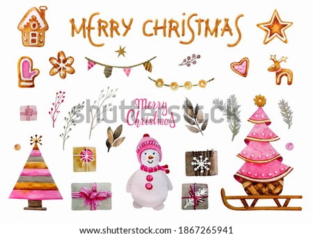 Set of Christmas and new year elements. Watercolor illustration concept for background, card, website banner, social media banner, marketing material. Christmas tree, snowman, gingerbread