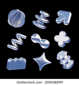 Set of chrome 3d shapes and elements. 3d rendr illustration isolated on black background