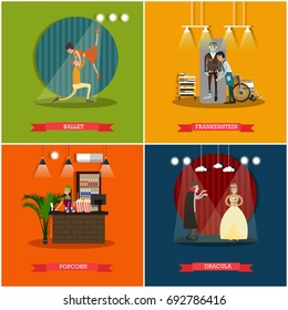 Set Of Cinema Art Concept Posters, Banners. Ballet, Frankenstein, Popcorn And Dracula Flat Style Design Elements.