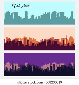 set of cityscape backgrounds City Skylines silhouette Tel Aviv Israel green red violet banners isolated on white background raster illustration