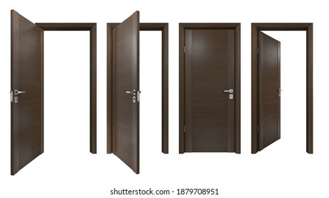 Set Of Classic Style Solid 3D Wood Doors Closed And Open Outside, Inside Of House Room. Simple Modern Brown Wooden Doorways For Home Interior Design